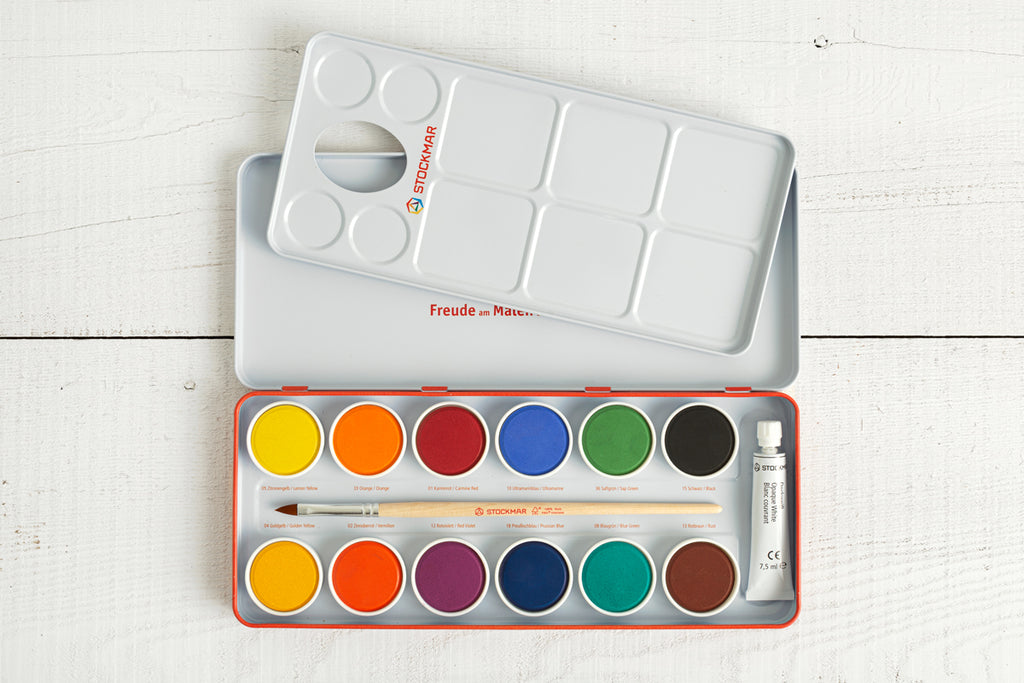 Stockmar Opaque Colour Box Set 12 Colours Pan Paints White Paint Tube Brush and Palette